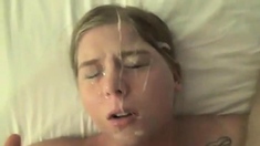 Pretty blonde gf gets throat fucked, licks ass, gets facial