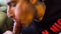 Buddy blows me on the couch while I stroke him CIM swallow