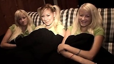 Amateur blonde teen handles threesome fuck