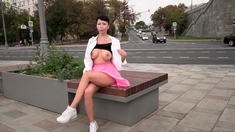 Outdoor exhibitionist - Upskirt walking and riverside tit