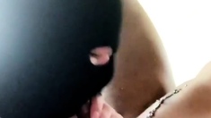 Skinny black haired chick blowjobs and gets her twat fucked