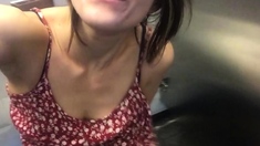 Small tit brunette amateur tugs on a big willie