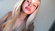 Non stop blonde with big boobs cock jerks off on the bed