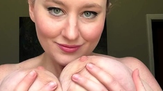 Busty curly brunette with big boobs fucks on couch