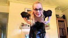 Femdom fetish blonde makes cuckold lick cumshot
