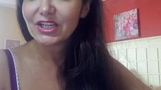 Busty curly brunette with big boobs fucks on couch