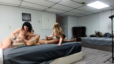 Sensual brunette and hardcore blonde threesome
